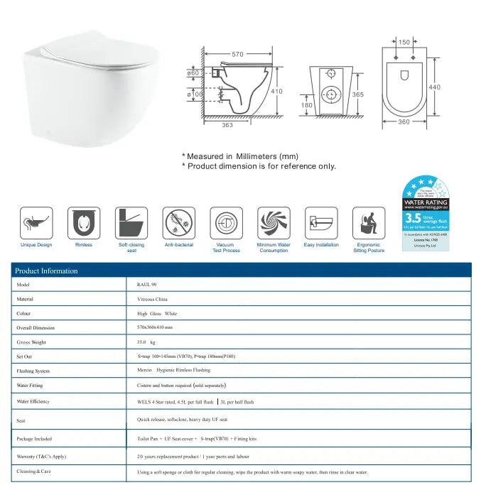 Mercio Raul99 Rimless Wall Faced Floor Toilet Pan - Aqualux Bathrooms- Mercio
