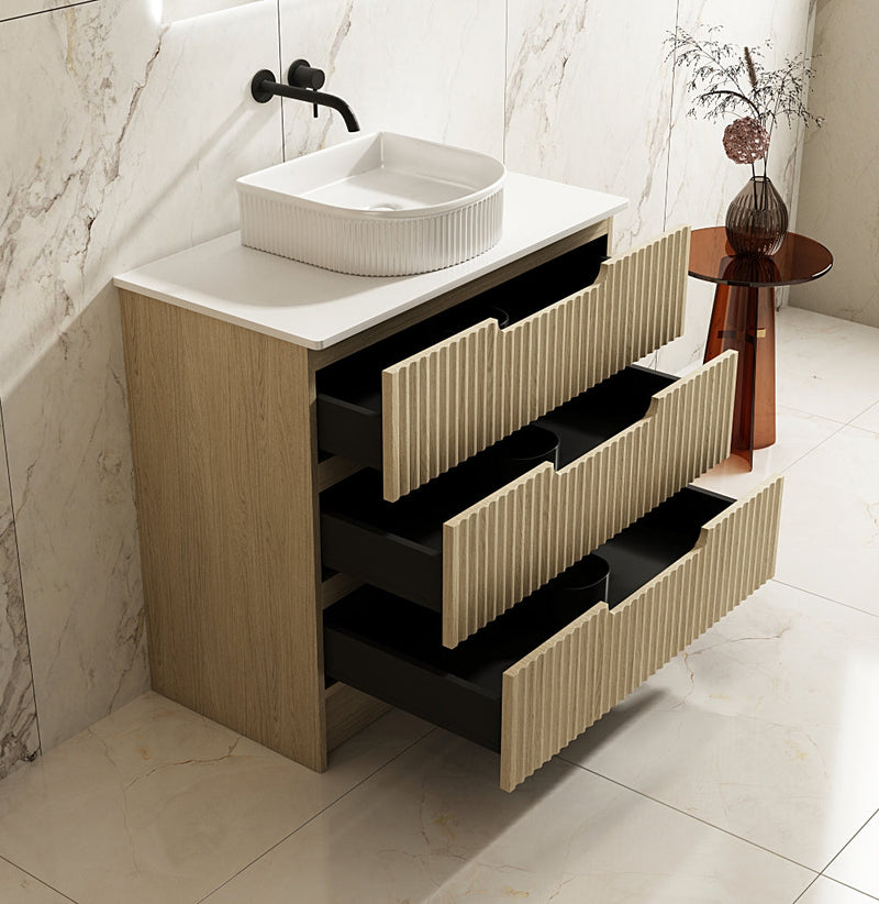 Fluted Rhea Floor Standing Vanity - Natural Oak (All Sizes) - Beyond Bathware