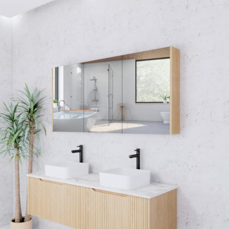 RIVA GENEVA FLUTED American Oak Mirror Shaving Cabinet 1500mm - Beyond Bathware