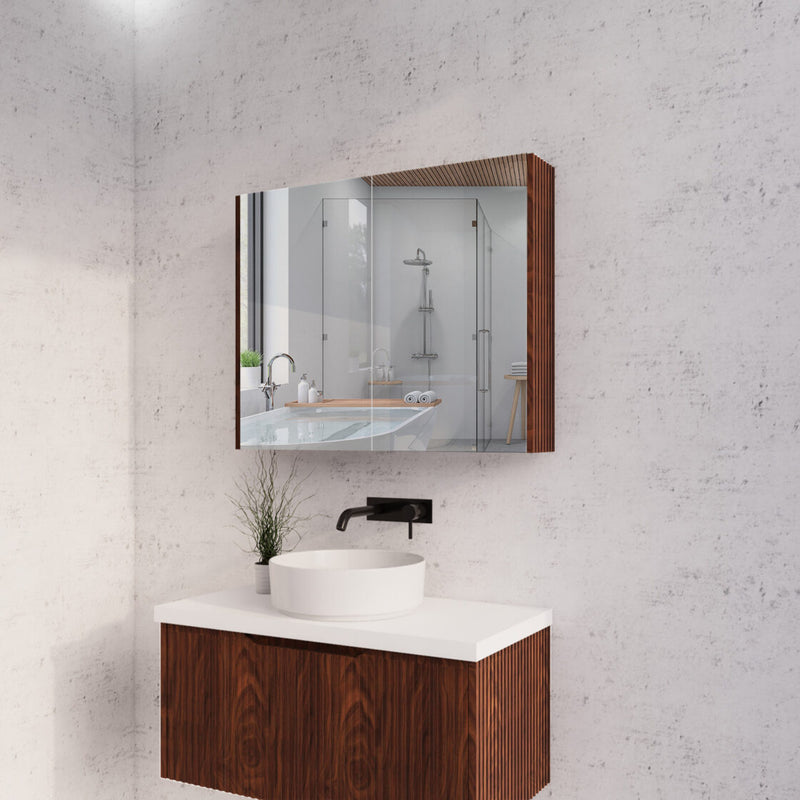 RIVA GENEVA FLUTED Brown Oak Mirror Shaving Cabinet 900mm - Beyond Bathware