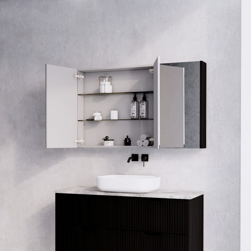 RIVA GENEVA FLUTED Matte Black Mirror Shaving Cabinet 1200mm - Beyond Bathware