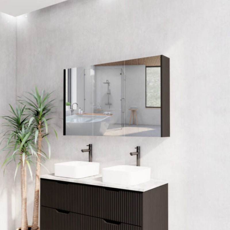 RIVA GENEVA FLUTED Matte Black Mirror Shaving Cabinet 1200mm - Beyond Bathware