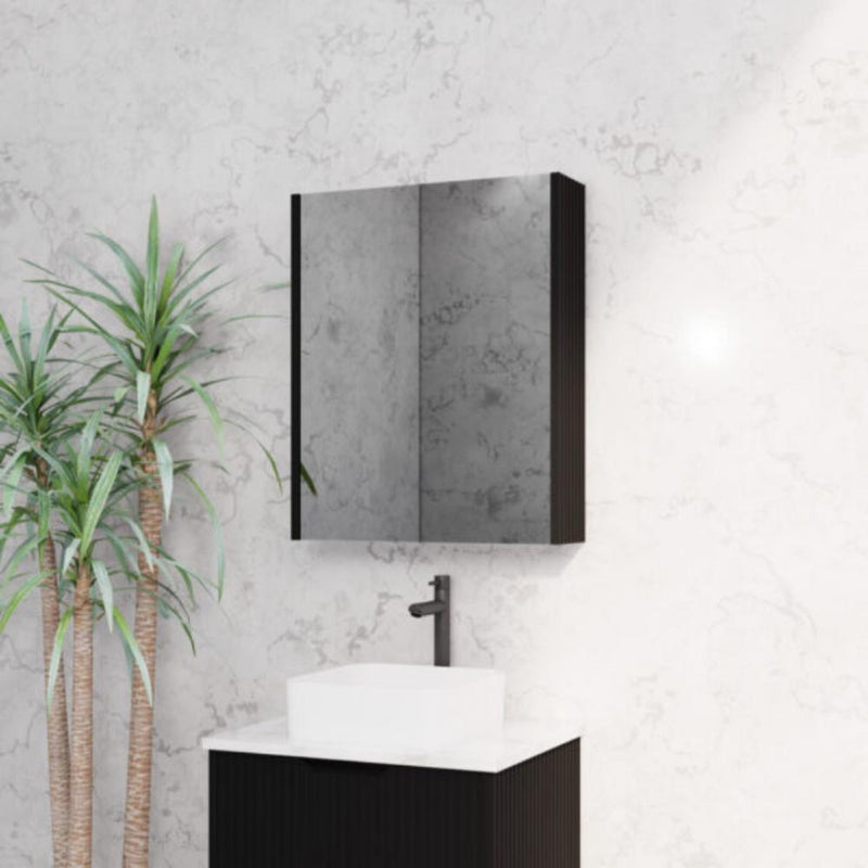 RIVA GENEVA FLUTED Matte Black Mirror Shaving Cabinet 600mm - Beyond Bathware