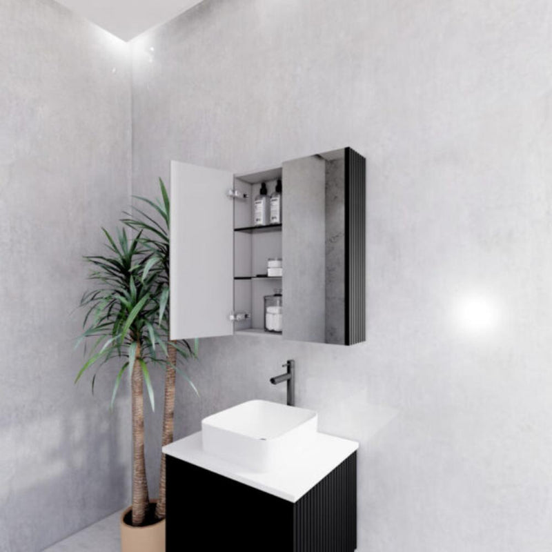 RIVA GENEVA FLUTED Matte Black Mirror Shaving Cabinet 600mm - Beyond Bathware