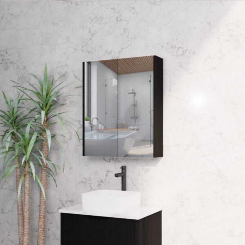 RIVA GENEVA FLUTED Matte Black Mirror Shaving Cabinet 600mm - Beyond Bathware