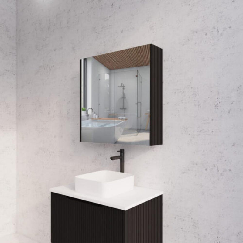 RIVA GENEVA FLUTED Matte Black Mirror Shaving Cabinet 750mm - Beyond Bathware