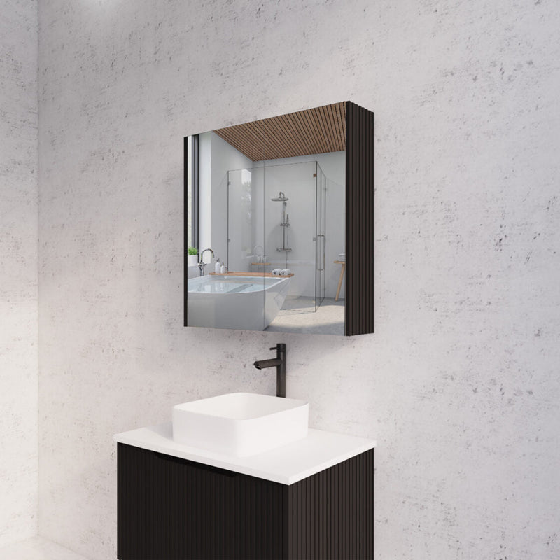 RIVA GENEVA FLUTED Matte Black Mirror Shaving Cabinet 750mm - Beyond Bathware