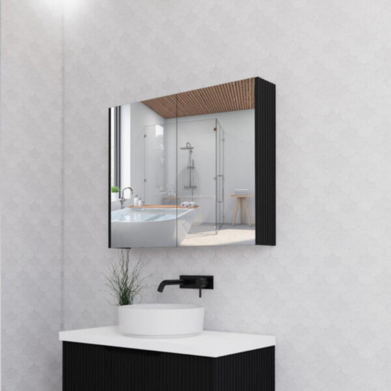 RIVA GENEVA FLUTED Matte Black Mirror Shaving Cabinet 900mm - Beyond Bathware