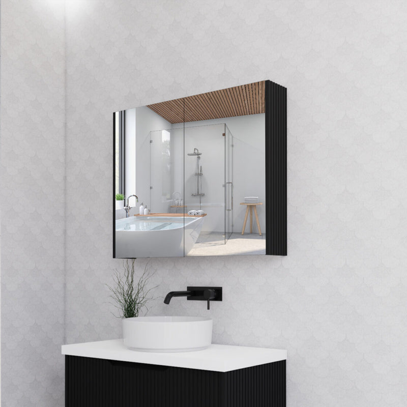RIVA GENEVA FLUTED Matte Black Mirror Shaving Cabinet 900mm - Beyond Bathware