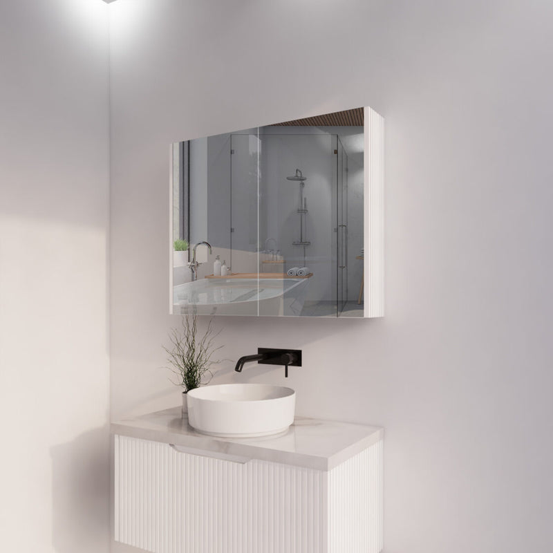 RIVA GENEVA FLUTED Matte White Mirror Shaving Cabinet 900mm - Beyond Bathware