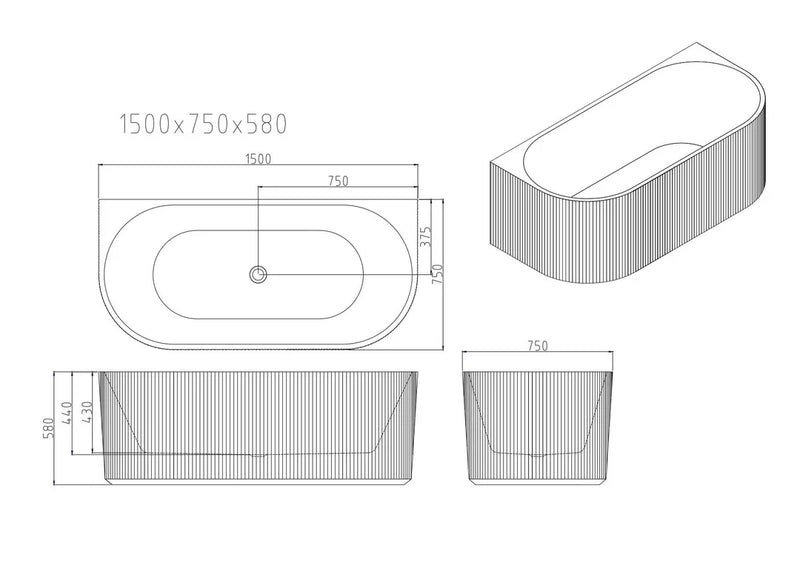 Rose Fluted Back To Wall Bathtub (Matte White) - Beyond Bathware