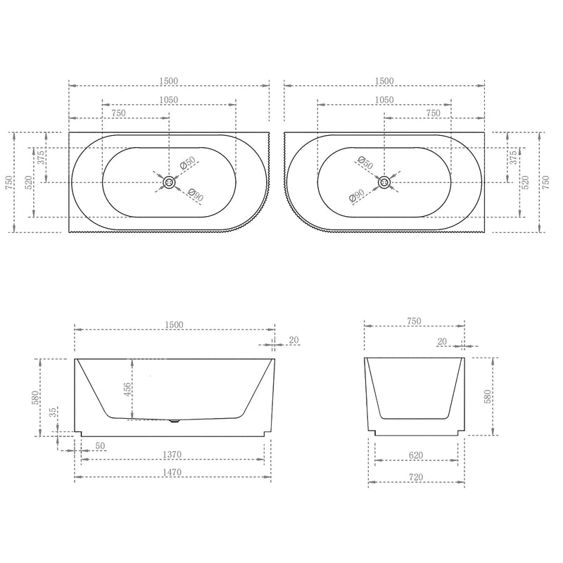 Poseidon Brighton Groove Oval Freestanding Right Corne Bathtub 1500mm (No Overflow) Poseidon