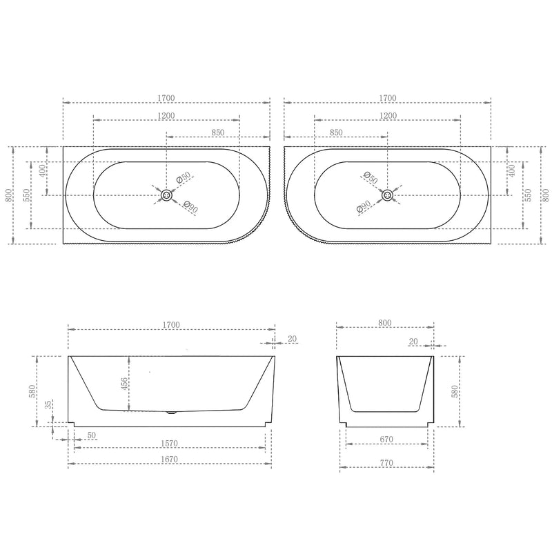 Poseidon Brighton Groove Oval Freestanding Right Corne Bathtub 1700mm (No Overflow) Poseidon