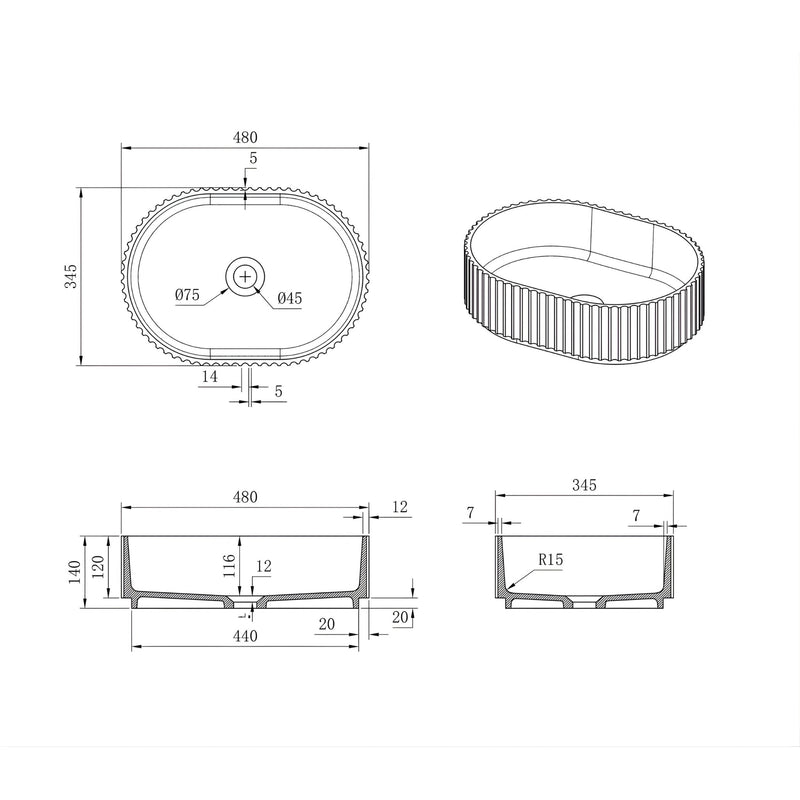 OTTI HAVANA FLUTED ABOVE COUNTER BASIN MATTE WHITE 480MM