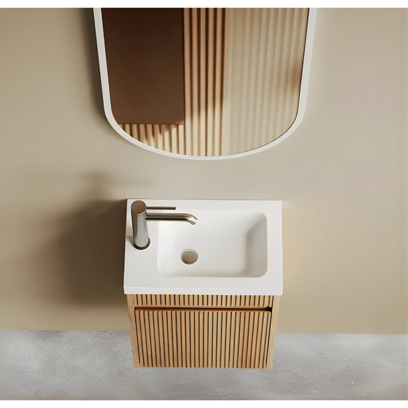 OTTI ENSUITE WOODLAND OAK FLUTED 400MM SPACE SAVING SINGLE BOWL WALL HUNG VANITY WITH CERAMIC TOP
