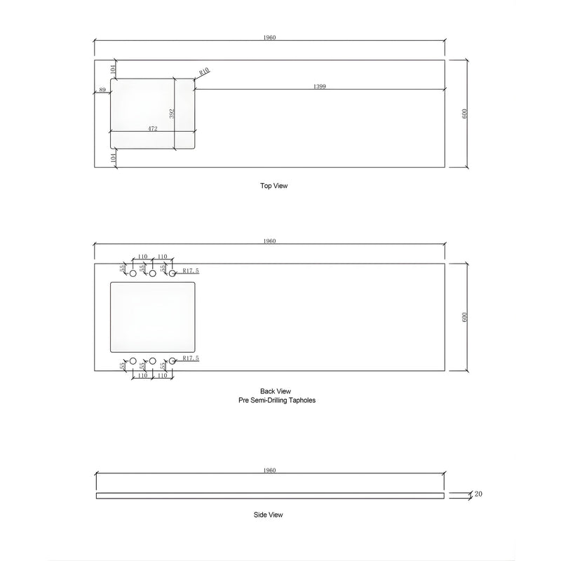 OTTI SOLID SURFACE PURE WHITE 1960MM LAUNDRY STONE TOP