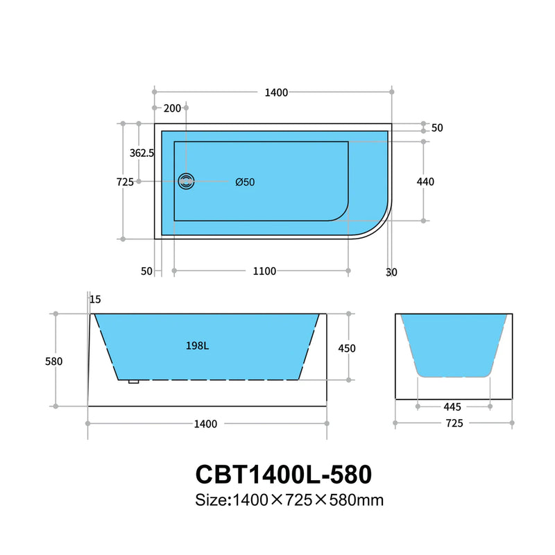 Multi-Fit Bathtub Gloss White 580mm - Beyond Bathware