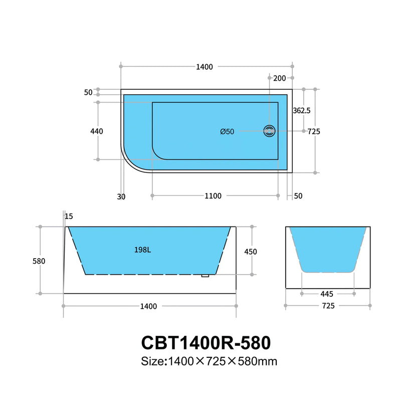 Multi-Fit Bathtub Gloss White 580mm - Beyond Bathware