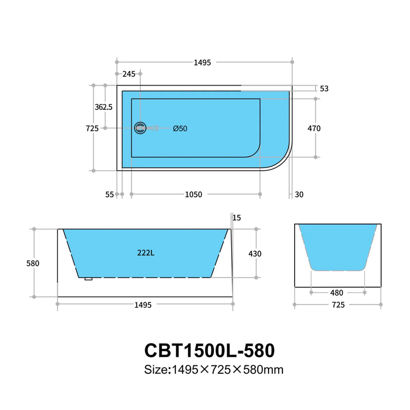 Multi-Fit Bathtub Gloss White 580mm - Beyond Bathware