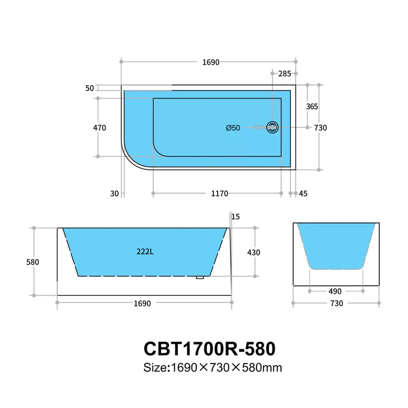 Multi-Fit Bathtub Gloss White 580mm - Beyond Bathware