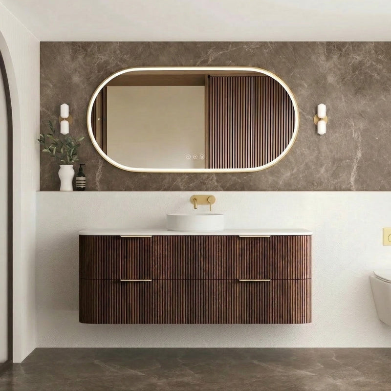 OTTI HAVANA SABLE WALNUT FLUTED 1500MM CURVE SINGLE BOWL WALL HUNG VANITY