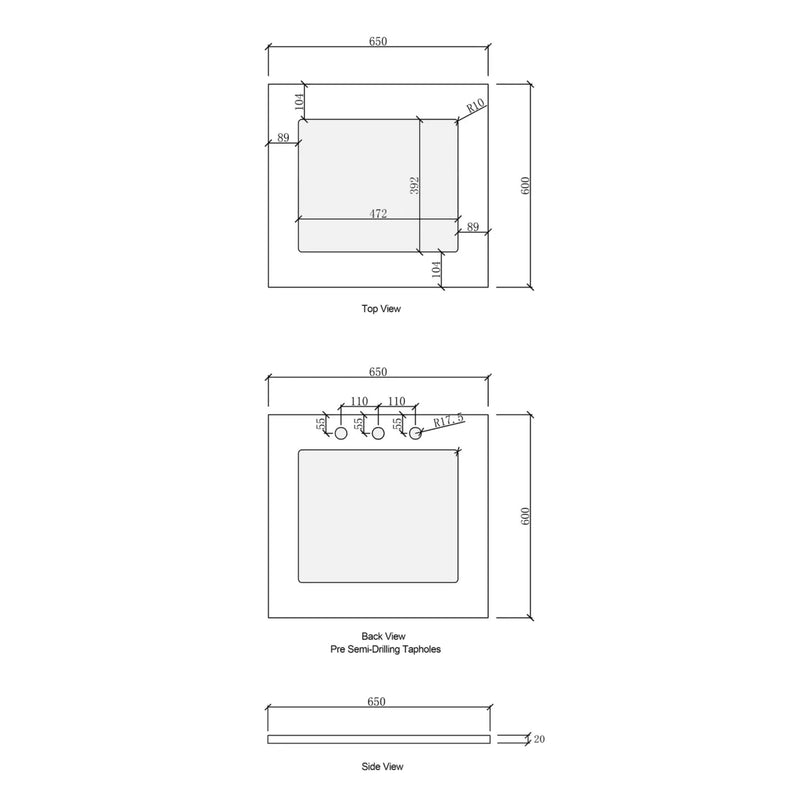 OTTI SOLID SURFACE PURE WHITE 650MM LAUNDRY STONE TOP